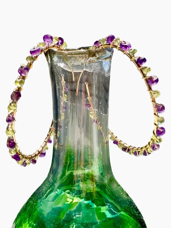 Jewelry - Beautiful 14k GF Amethyst & Peridot Wire-Wrapped Hoop Earrings